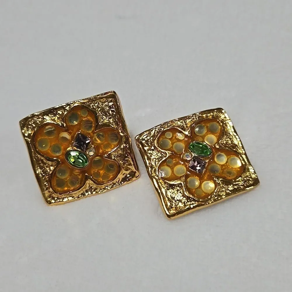 Christian Lacroix Resin & Crystal Floral Clip-on Earrings